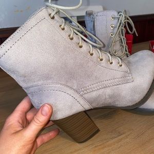 Size 8 booties, gray with brown heel, NEVER WORN